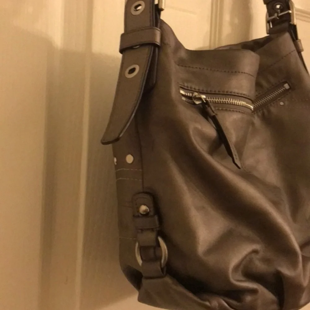 Coach Hobo Bag Grey Leather Studded Applique Duffel Silver Graphite k1269-f16178